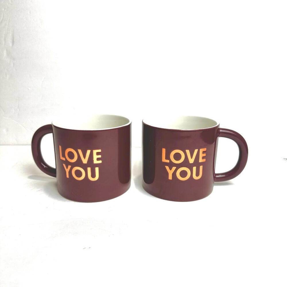 room essentials stoneware mug, “Love You”. Maroon With Orange Letters, Set Of 2